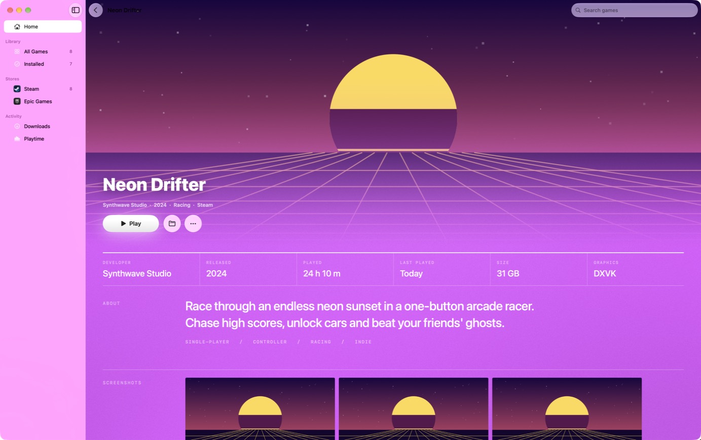 Game pages with their own colors.